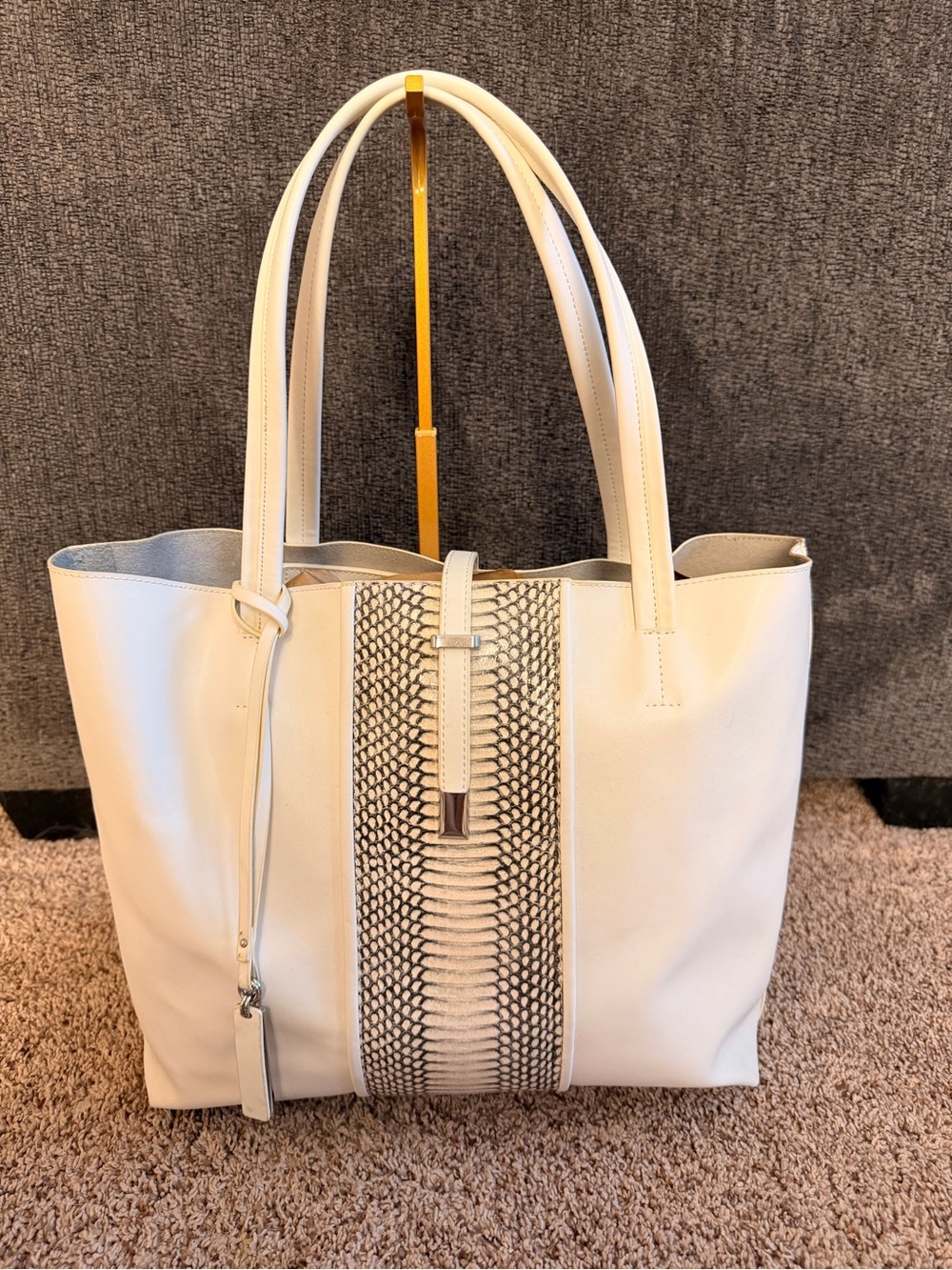 Vince Camuto White Tote Bag with Snake skin Center Panel